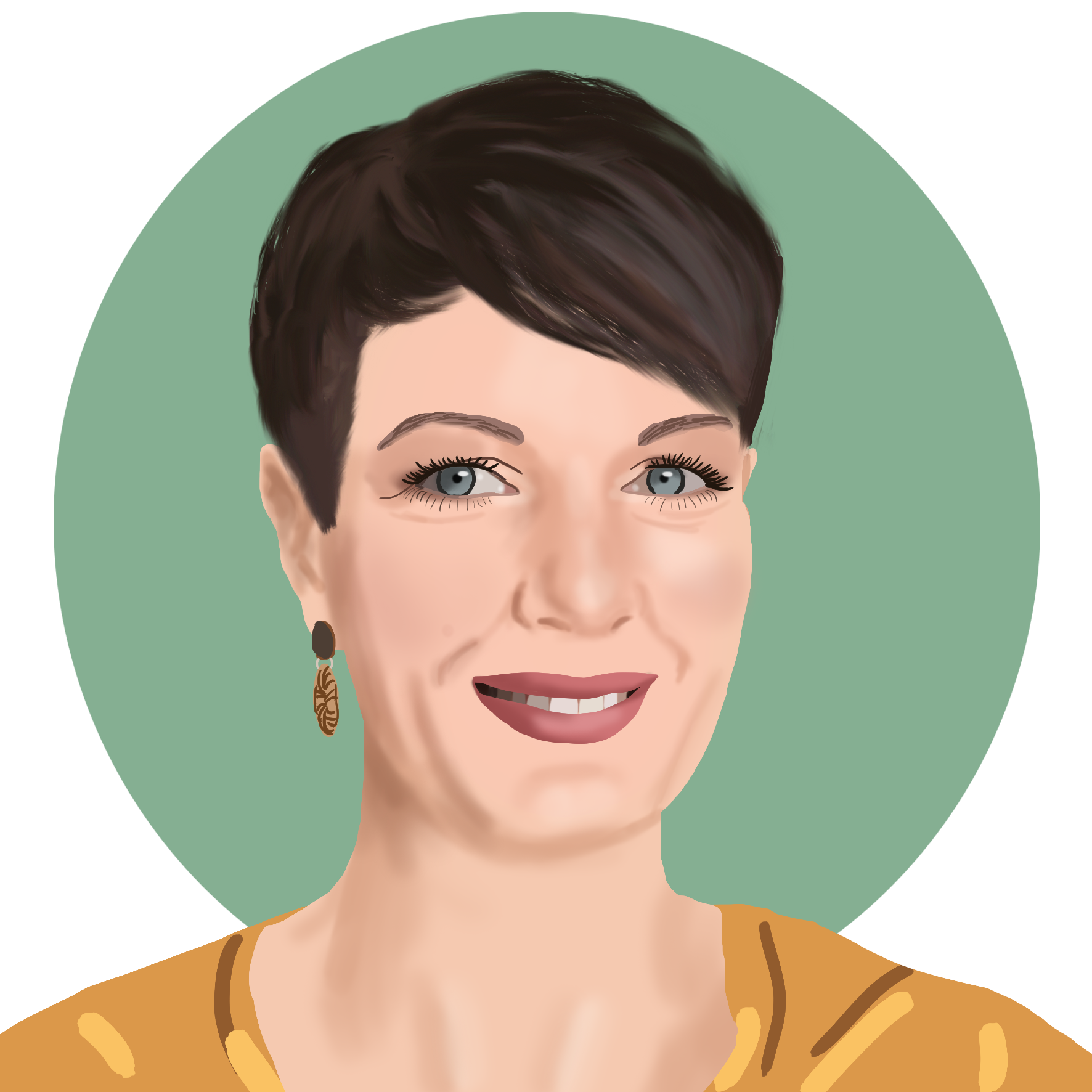 Profile illustration of Katja Karlsson with brown short hair, blue eyes and yellow top on a green circled background