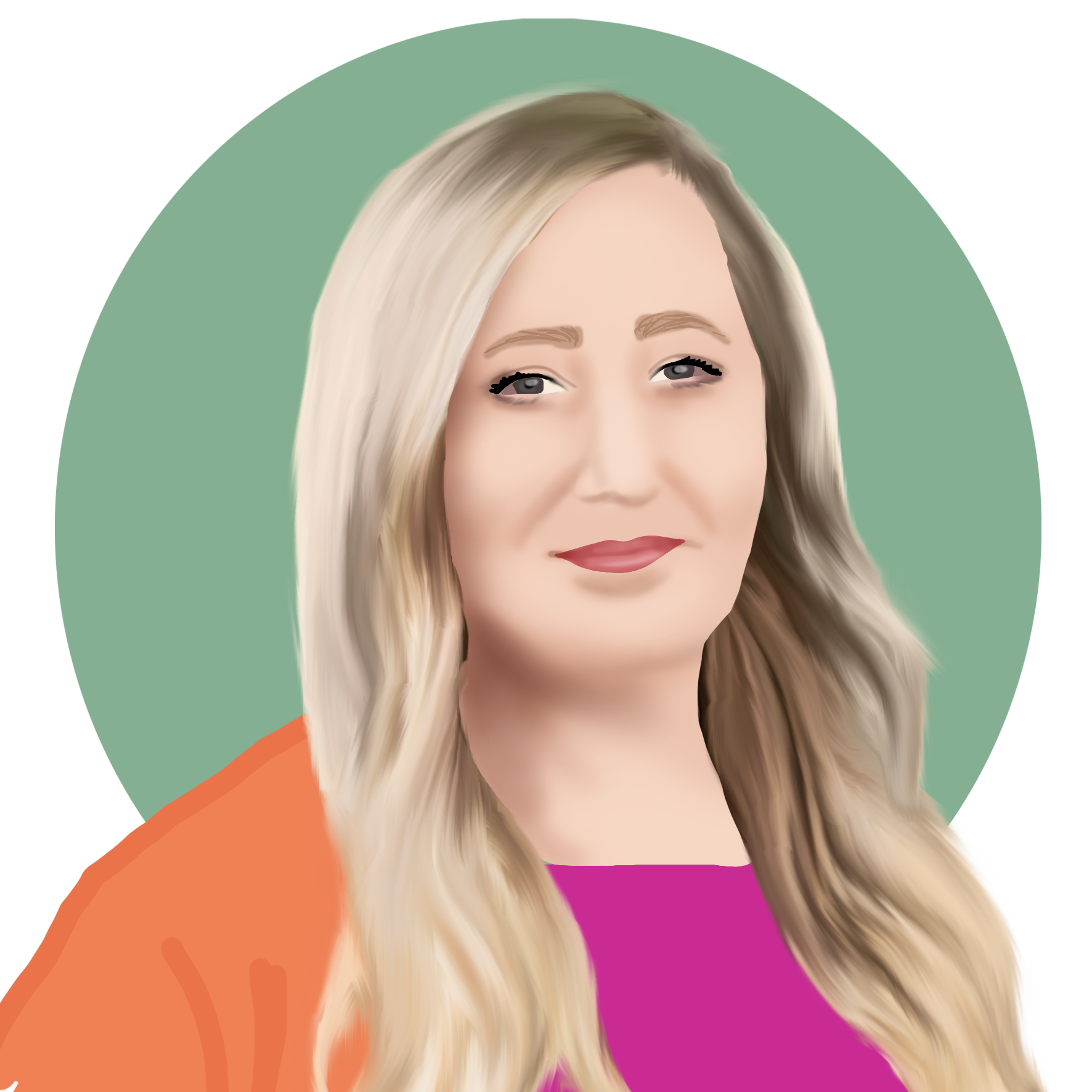 Profile illustration of Kelly Fraser with blonde long hair, orange and hot pink top on a green circled background