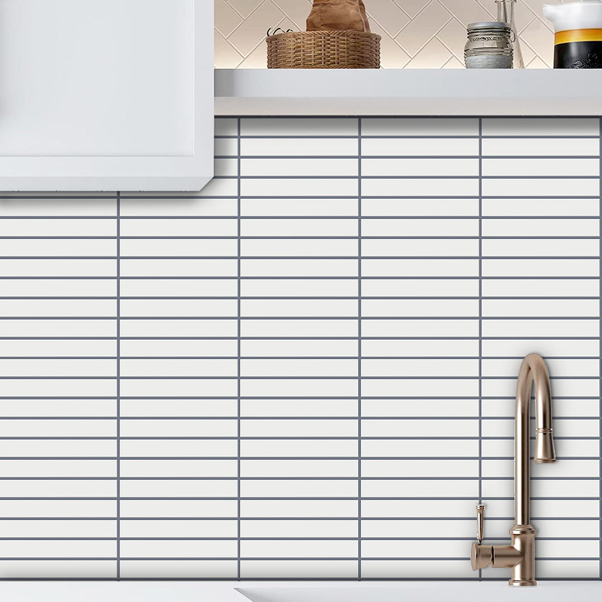 White kit kat tiles with grey grout as a kitchen splash back