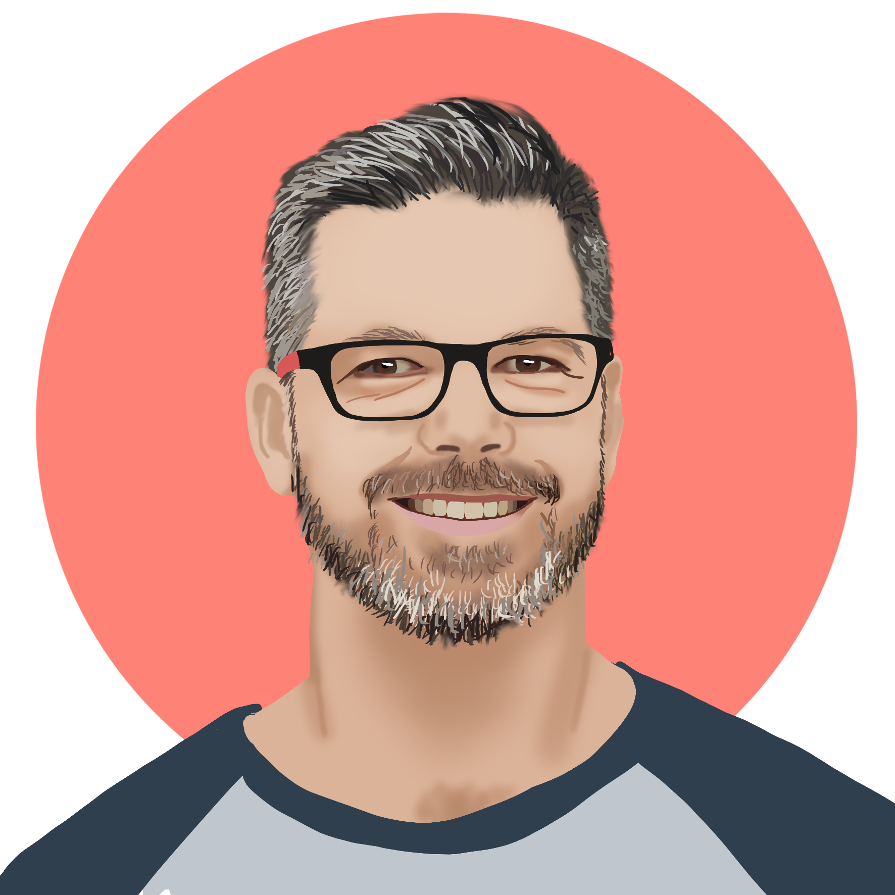 Profile illustration of Martin Karlsson with salt and pepper short hair and beard, brown eyes and black glasses blue grey top on a peach circled background