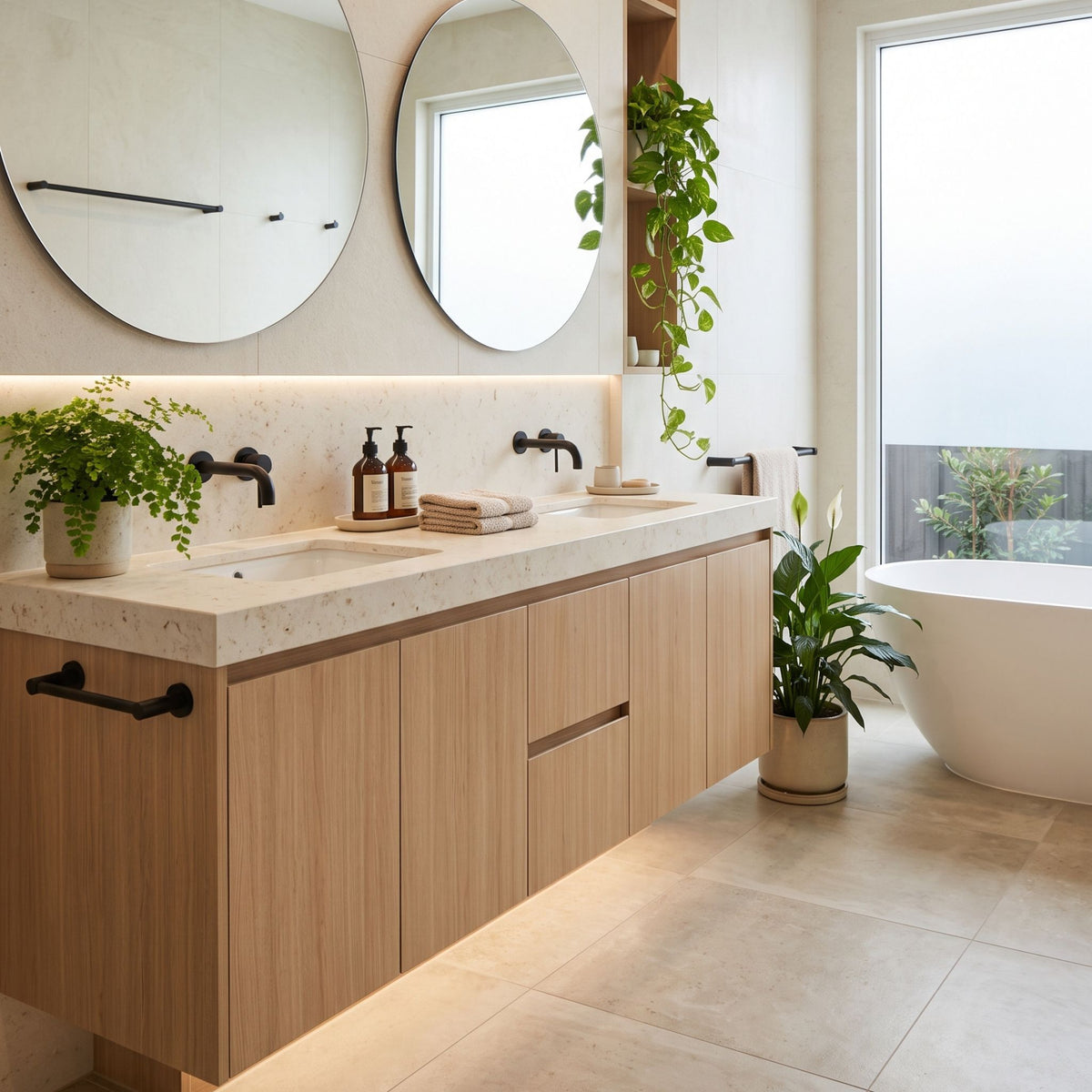 modern bathroom vinyl with vanity wrapped with oak natural adhesive vinyl