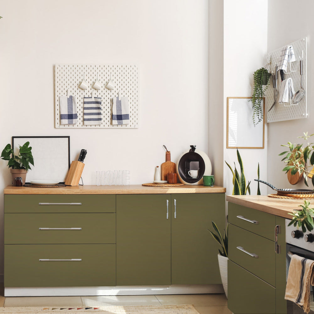 olive green matte adhesive vinyl covered kitchen cupboards