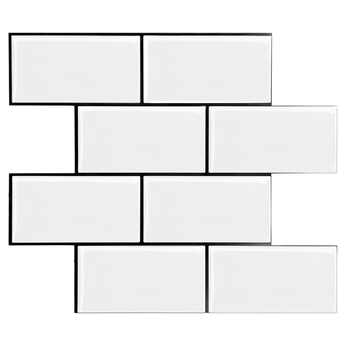 White subway tile mosaic with a glossy finish and thin dark grout lines, arranged in a staggered brick pattern on a white background.