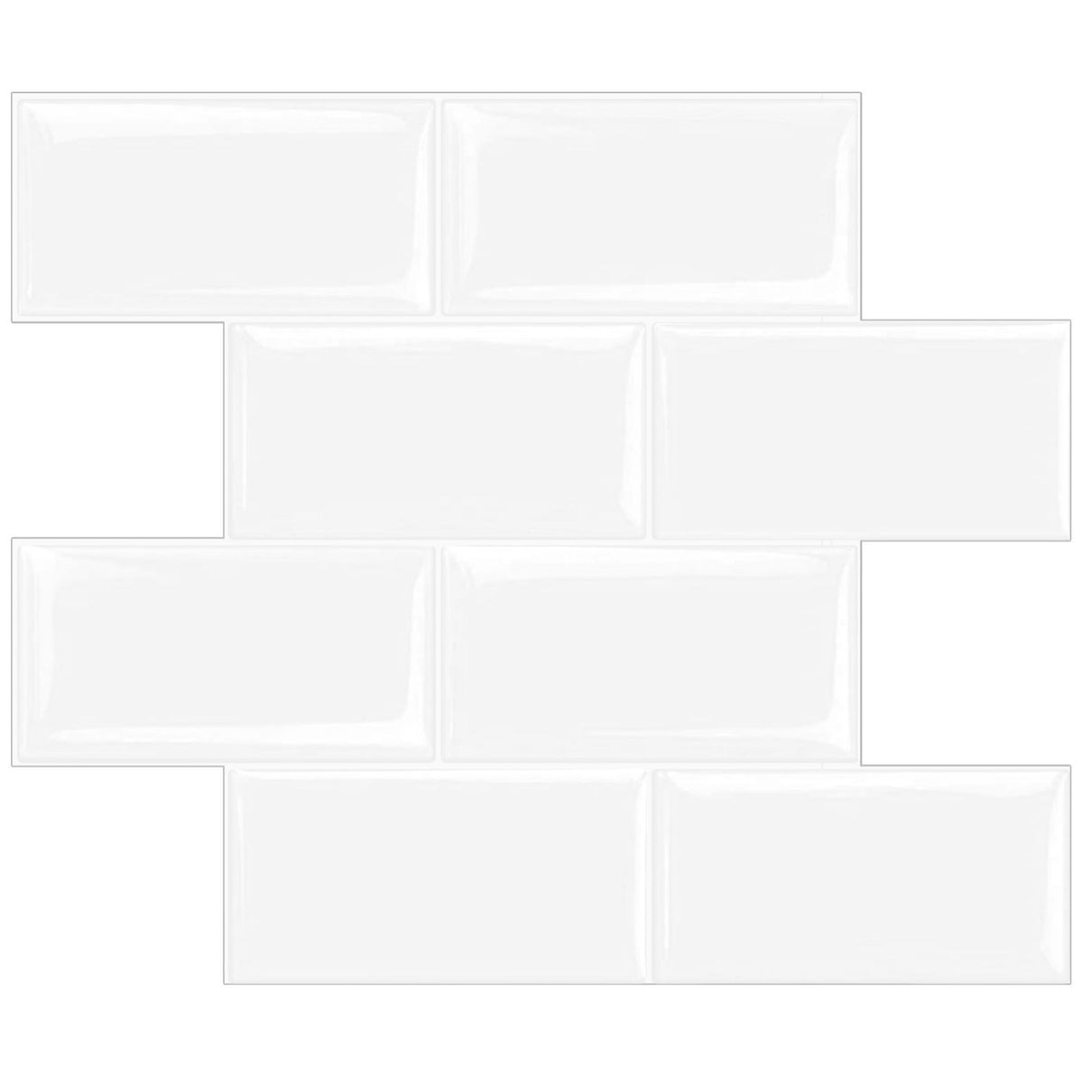 White glossy subway tile mosaic arranged in a staggered brick pattern on a white background.