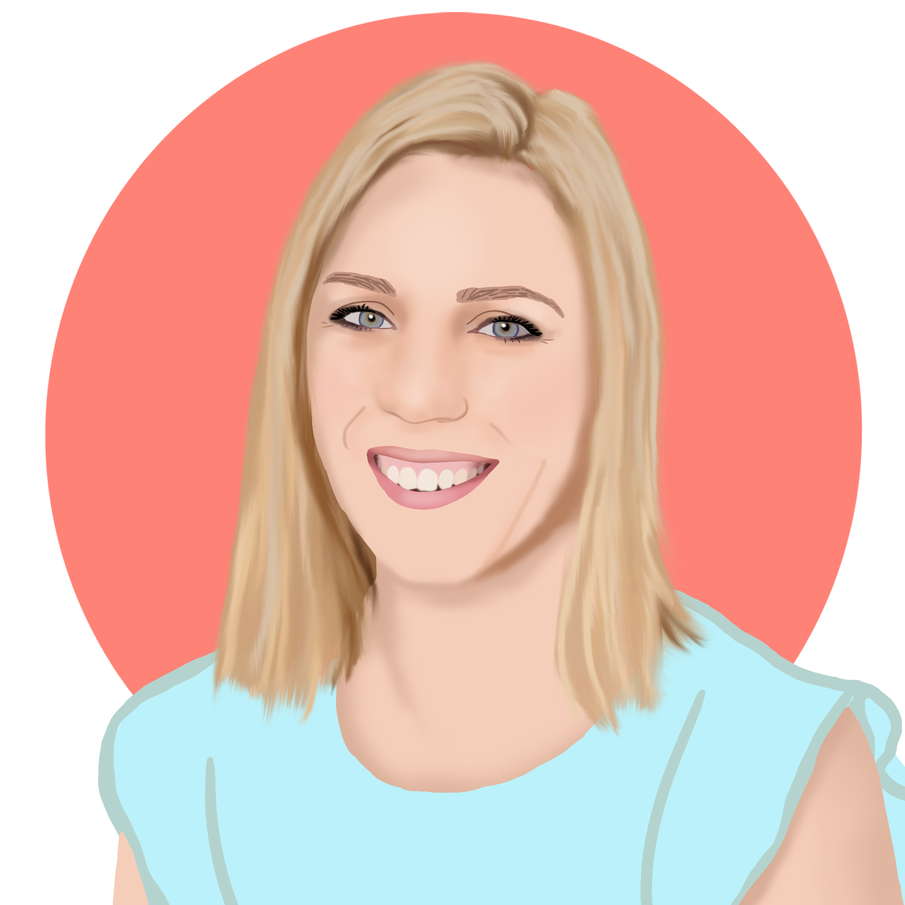 Profile illustration of Sarah Gill with shoulder length blonde hair, blue eyes and light blue top on a circled peach background