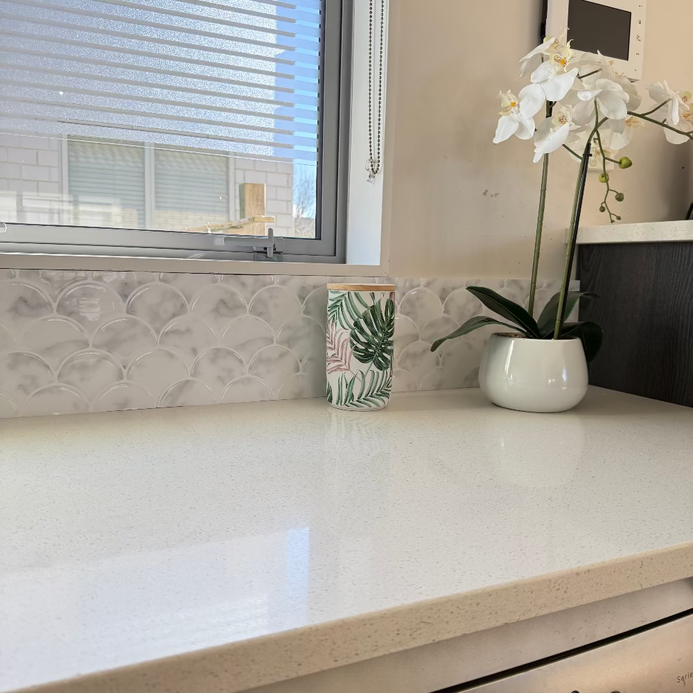 Modern kitchen countertop with a plant and mug near a window