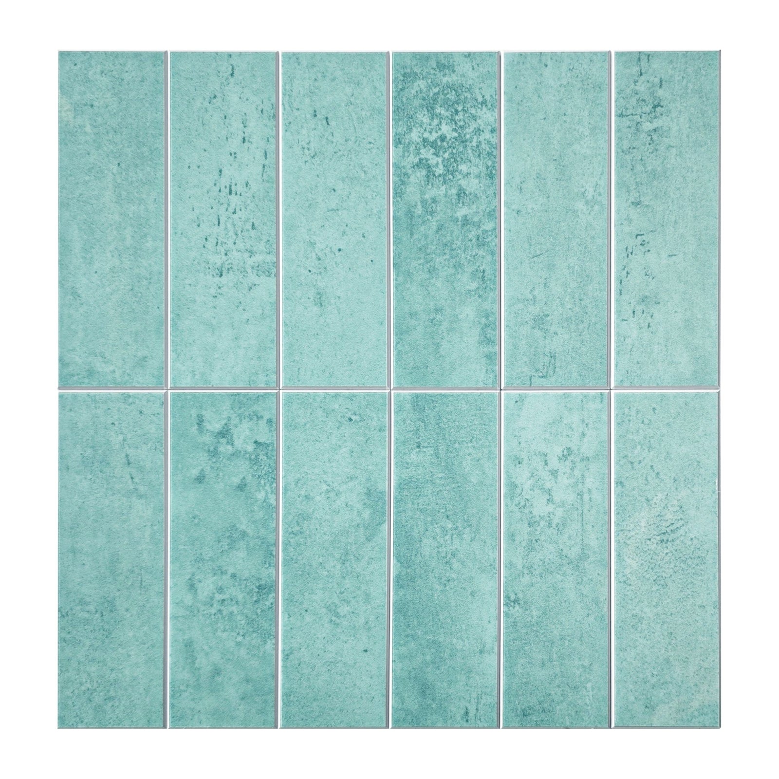 Distressed teal glossy stacked subway tiles on a bathroom wall behind a bath surrounded by green plants