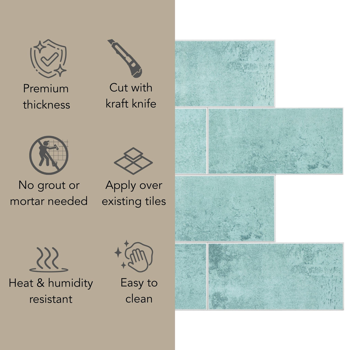 A product information graphic showing six feature callouts with icons on the left and several rectangular aqua textured tiles on the right. Text reads: Premium thickness, Cut with kraft knife, No grout or mortar needed, Apply over existing tiles, Heat & humidity resistant, and Easy to clean.