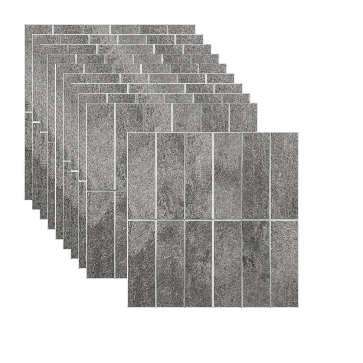 A set of grey stone-look rectangular wall tiles arranged in a staggered stack on a plain white background.