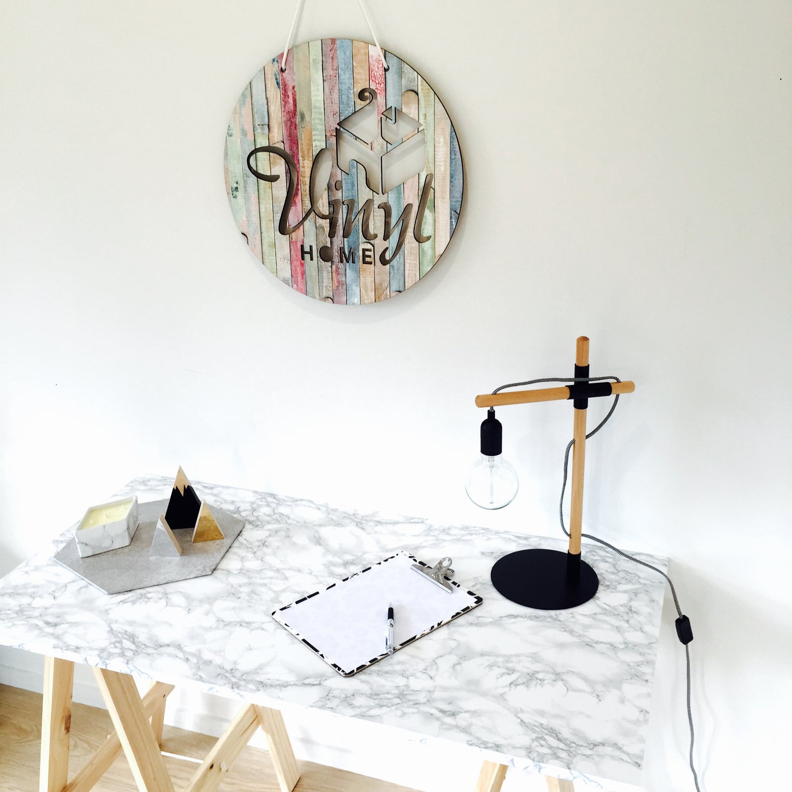 Grey marble vinyl trestle table, stationary and Vinyl Home sign