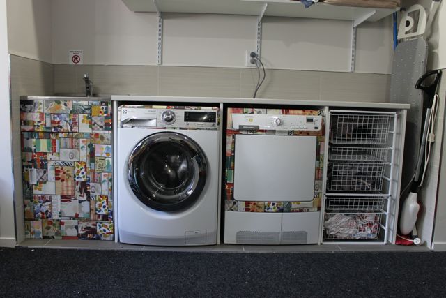 laundry wrapped in colourful patchwork vinyl