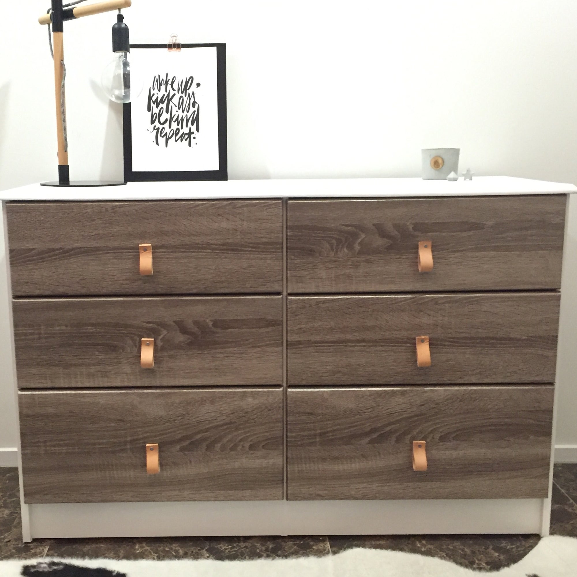 Vinyl covered drawers in whitewood and sonama oak with leather pulls