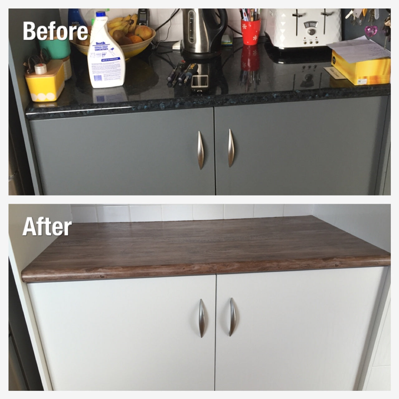 Before and after of kitchen cupboards covered with self-adhesive white vinyl and rustic wood grain bench top