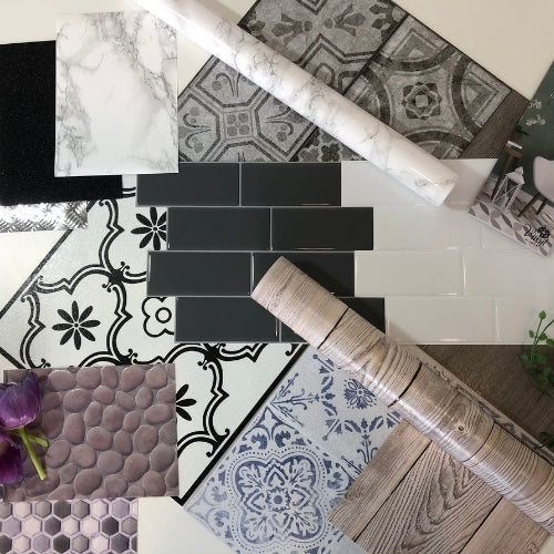 mood board of peel and stick floor tiles, wall tiles, wallpaper and sticky back plastic in various designs