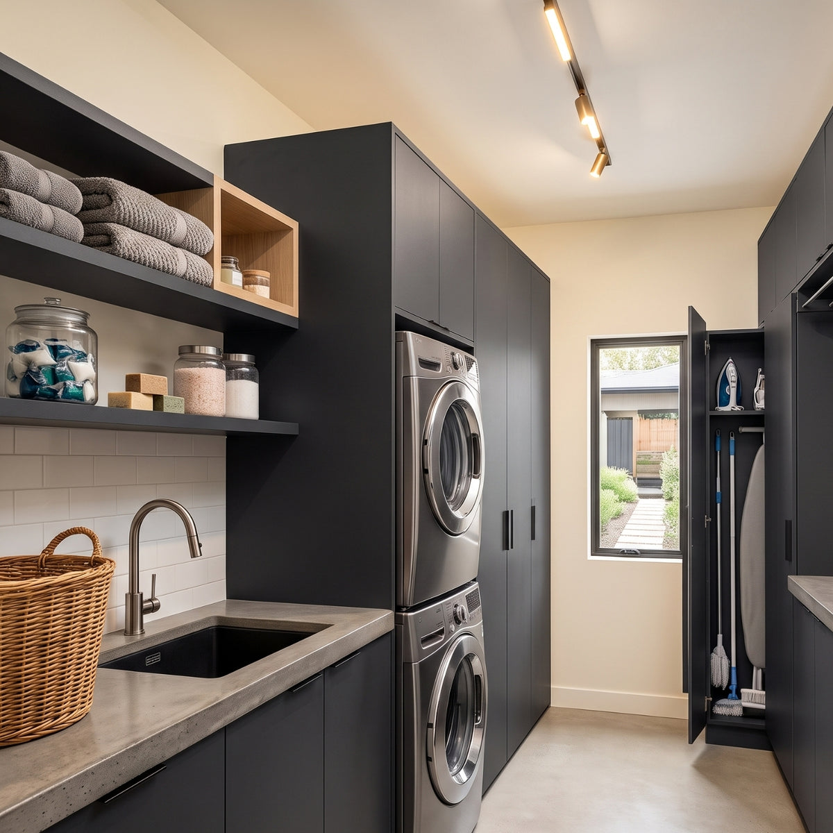 A modern laundry room featuring a stacked stainless steel washer and dryer in tall dark grey vinyl wrapped cabinets, open shelves with folded towels and jars, a sink with a curved faucet, and a basket on the counter. An open side cabinet reveals hanging cleaning supplies, and a window looks out onto a backyard.
