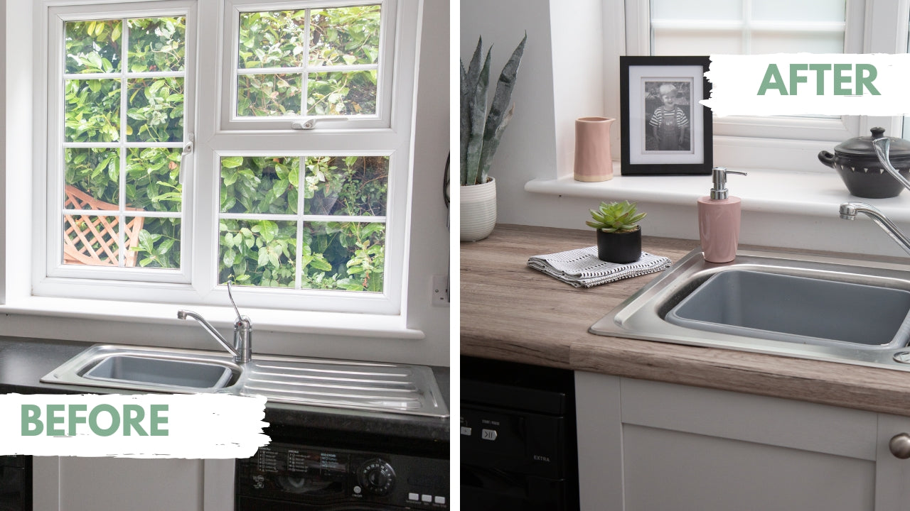 Customer before and after photo kitchen benchtop covered with sanremo oak adhesive vinyl