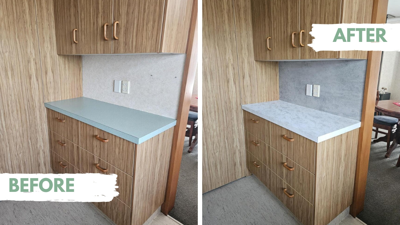 Customer before and after photo kitchen benchtop covered with concrete adhesive vinyl