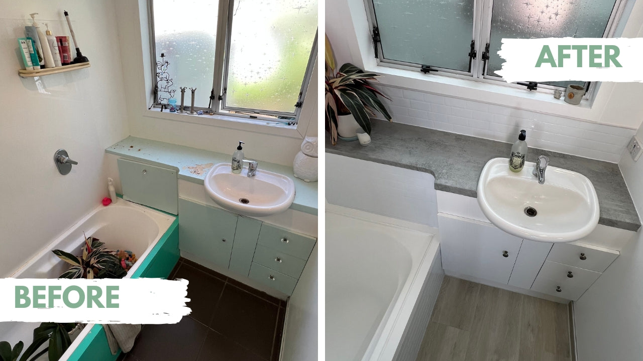 Customer before and after photo bathroom benchtop covered with concrete adhesive vinyl
