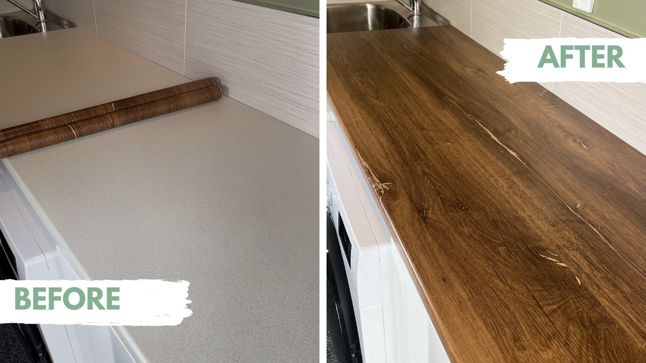 Customer before and after photo laundry benchtop covered with artisan oak adhesive vinyl