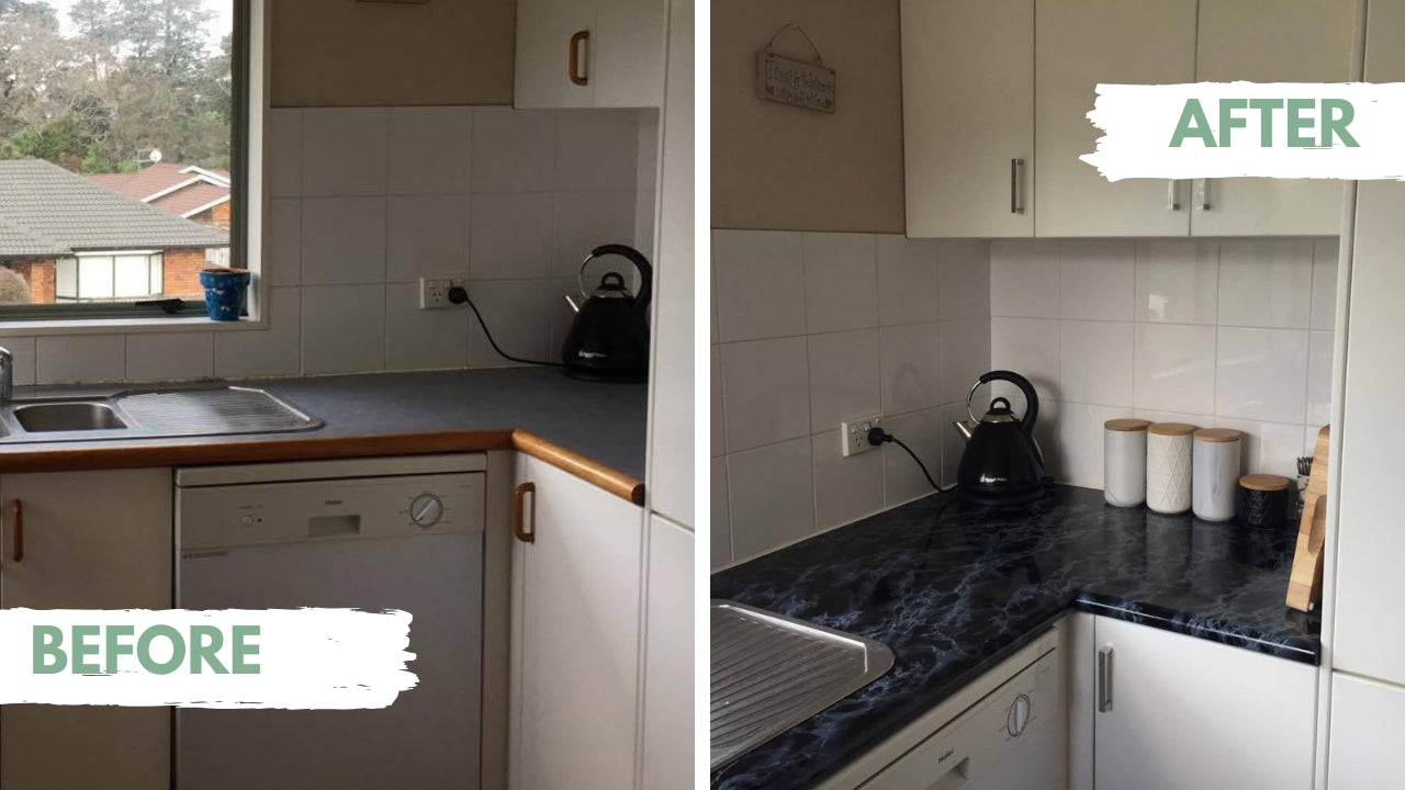 Customer before and after photo kitchen benchtop covered with marble marmi black adhesive vinyl