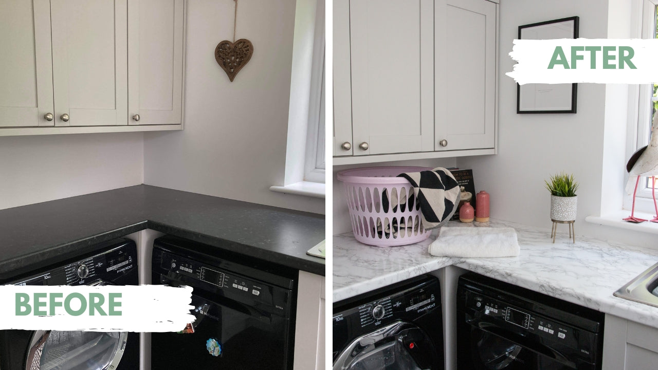 Customer before and after photo laundry benchtop covered with marble marmi grey adhesive vinyl