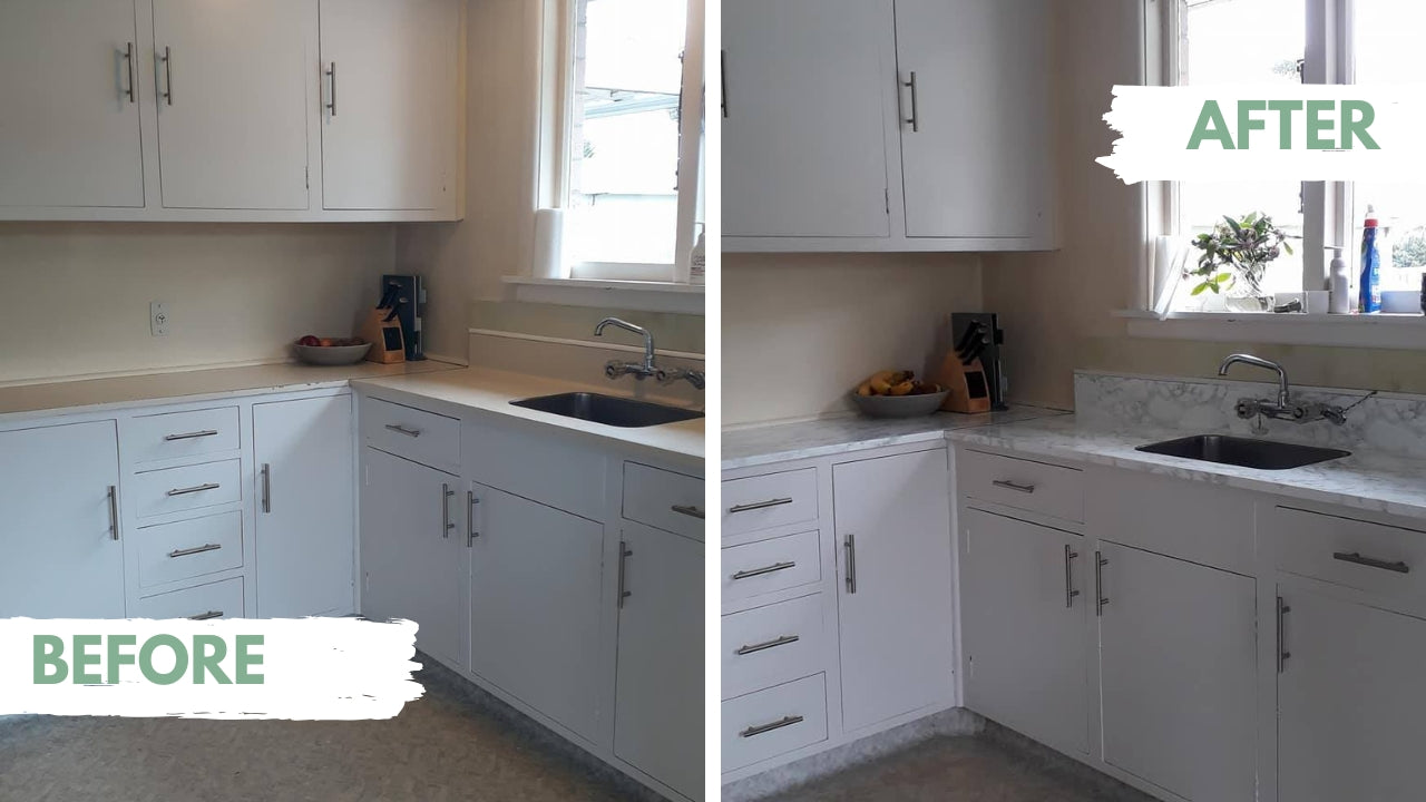 Customer before and after photo bathroom kitchen covered with marble marmi grey adhesive vinyl
