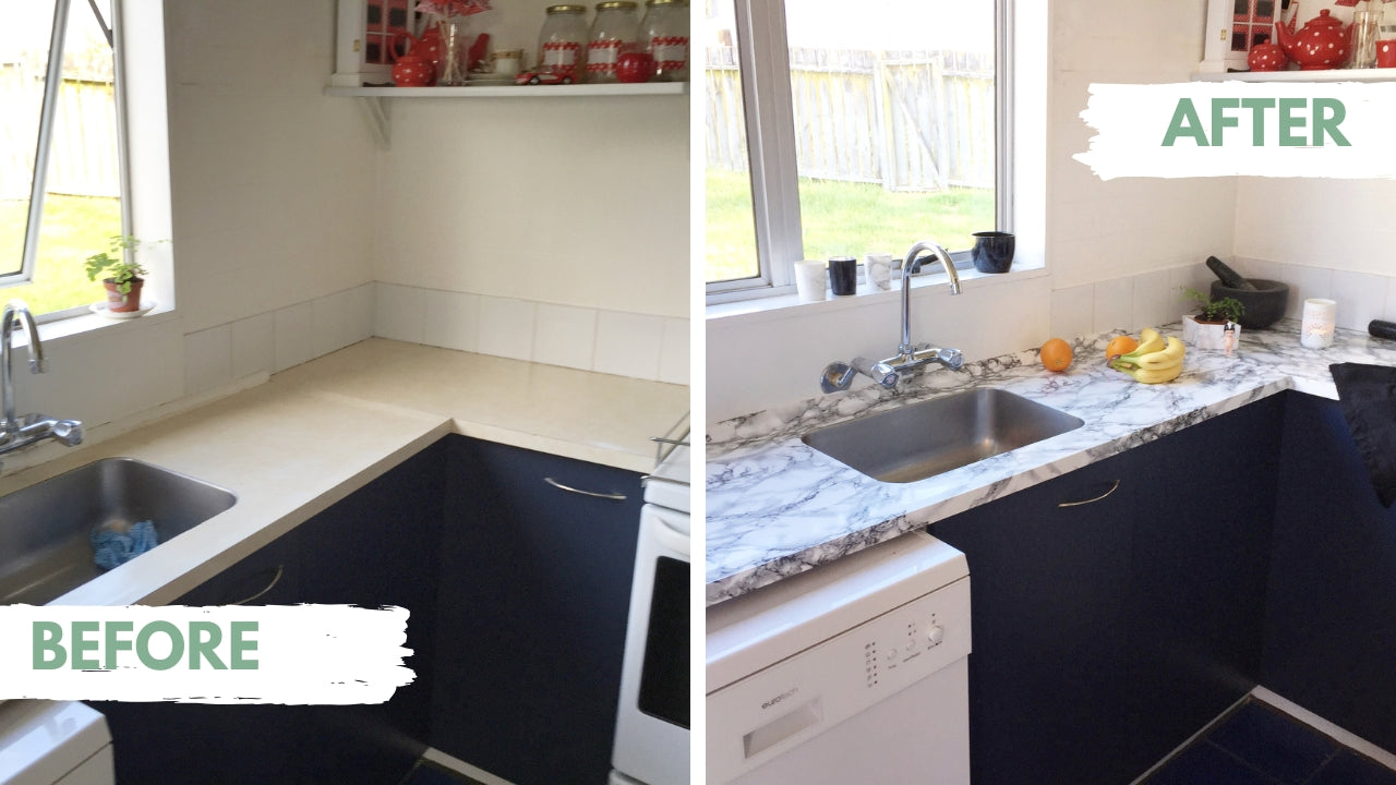 Customer before and after photo kitchen benchtop covered with marble marmi white adhesive vinyl