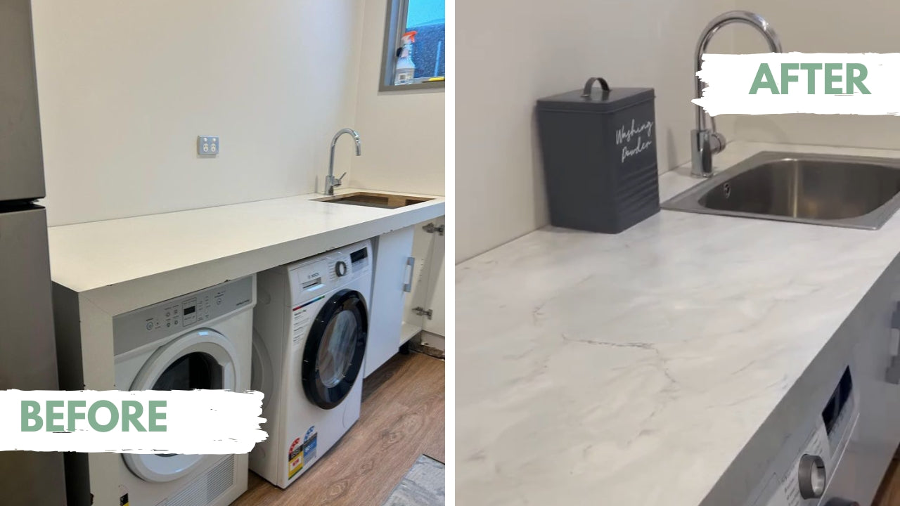 Customer before and after photo laundry benchtop covered with marble romeo white matte adhesive vinyl