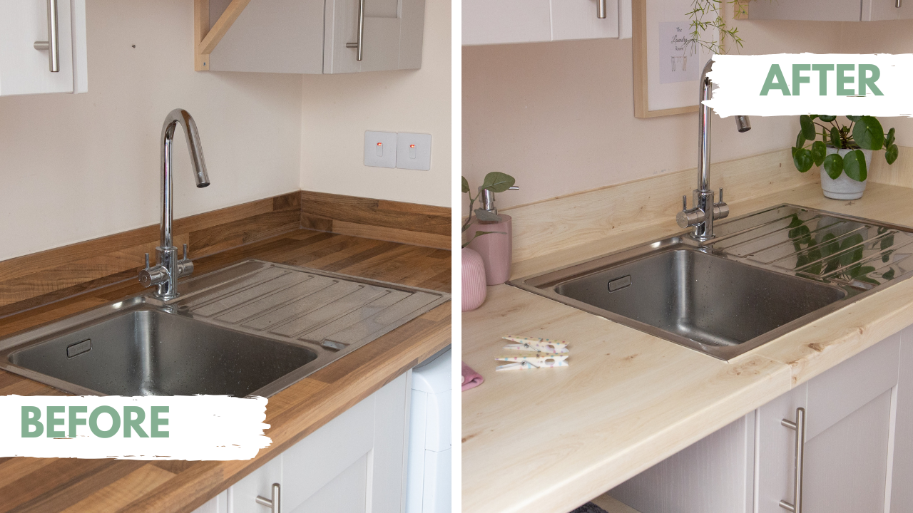 customer photo before and after benchtop with scandinavian oak