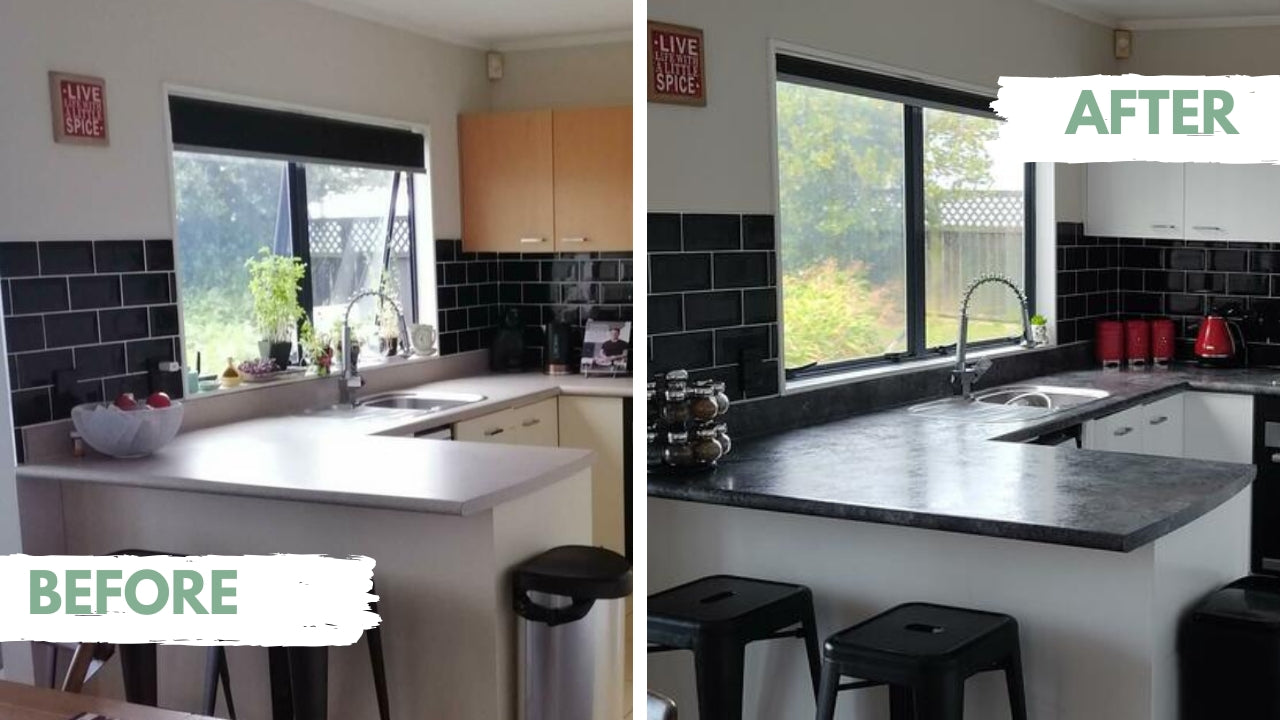 Customer before and after photo kitchen benchtop covered with slate grey adhesive vinyl