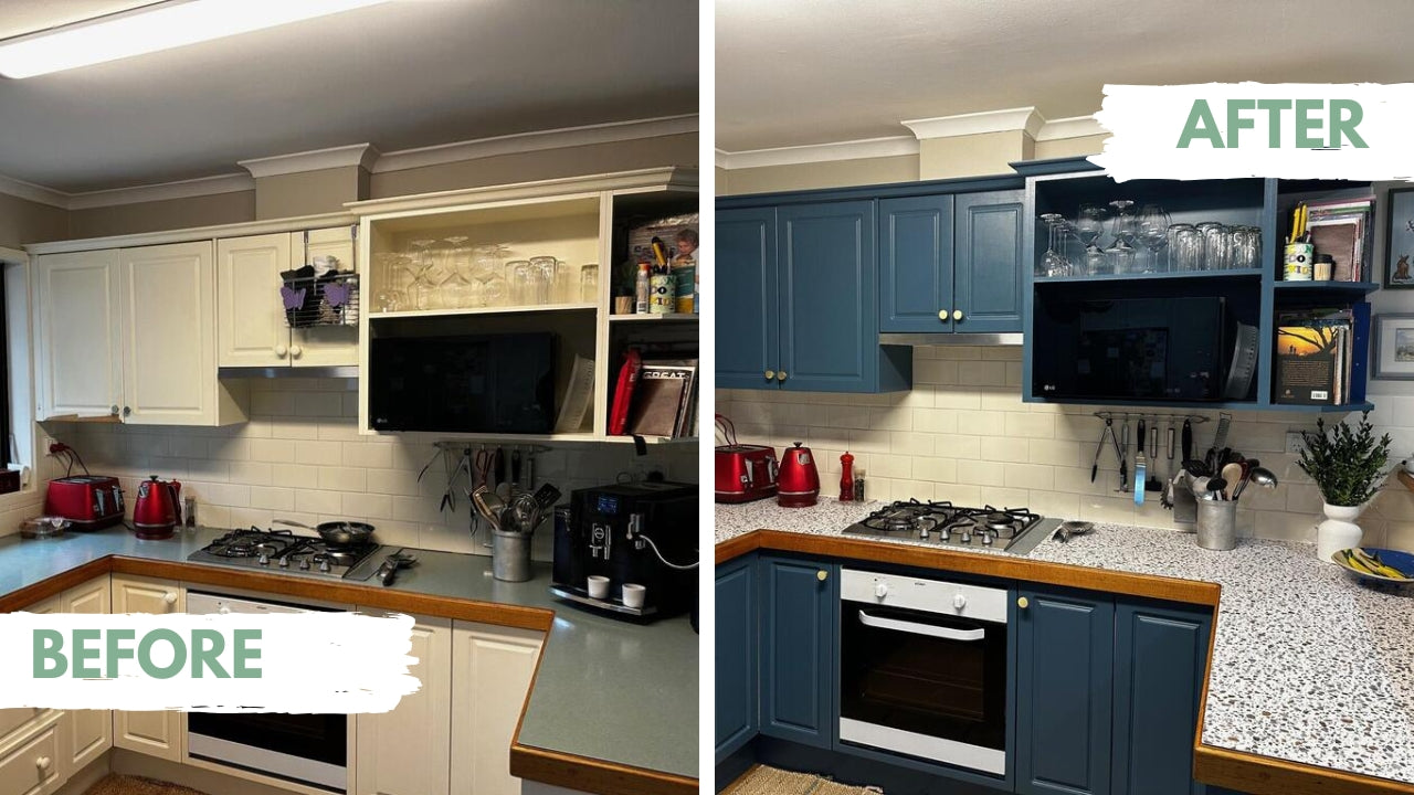 Customer before and after photo kitchen benchtop covered with terrazzo adhesive vinyl