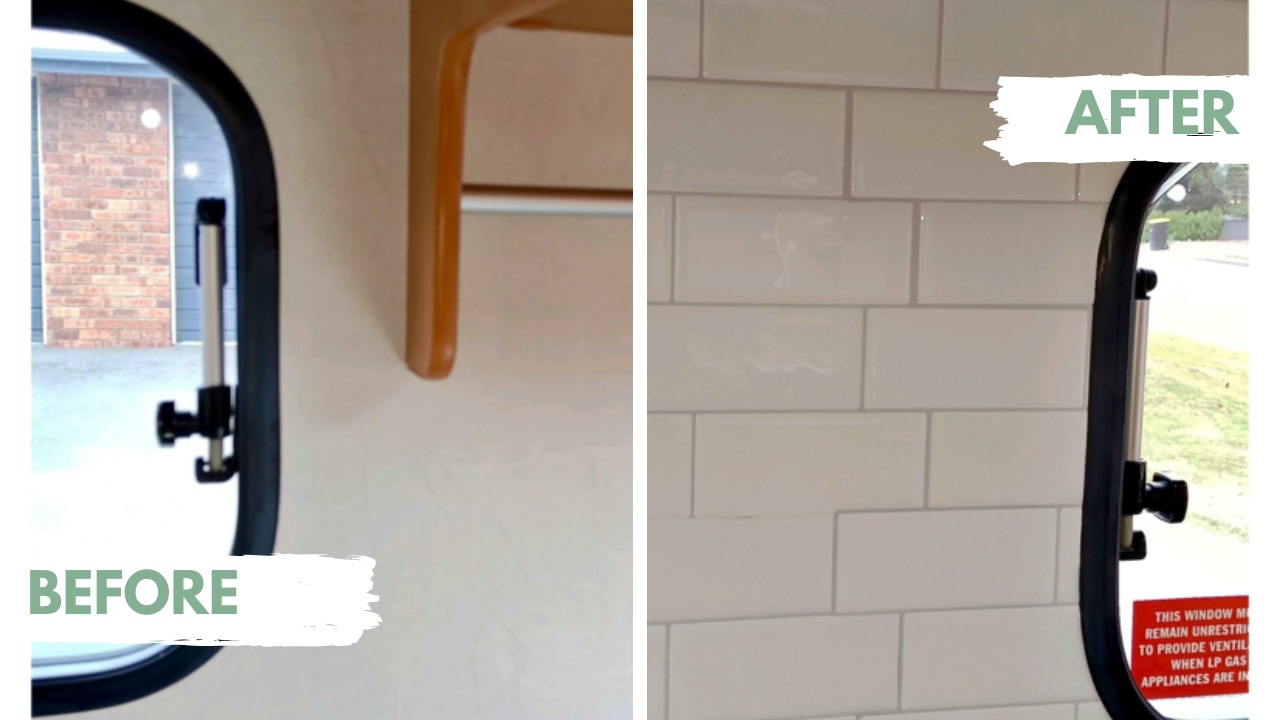 before and after of white self-adheisve tiles installed in a camper