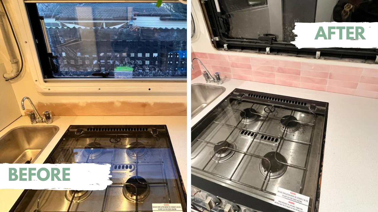 Before and after comparison of a kitchen stove area with installation of pink self-adhesive tiles.