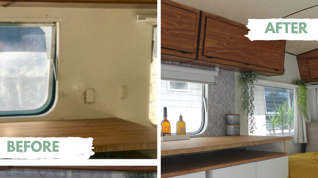 Before and after comparison of a kitchen area inside a caravan