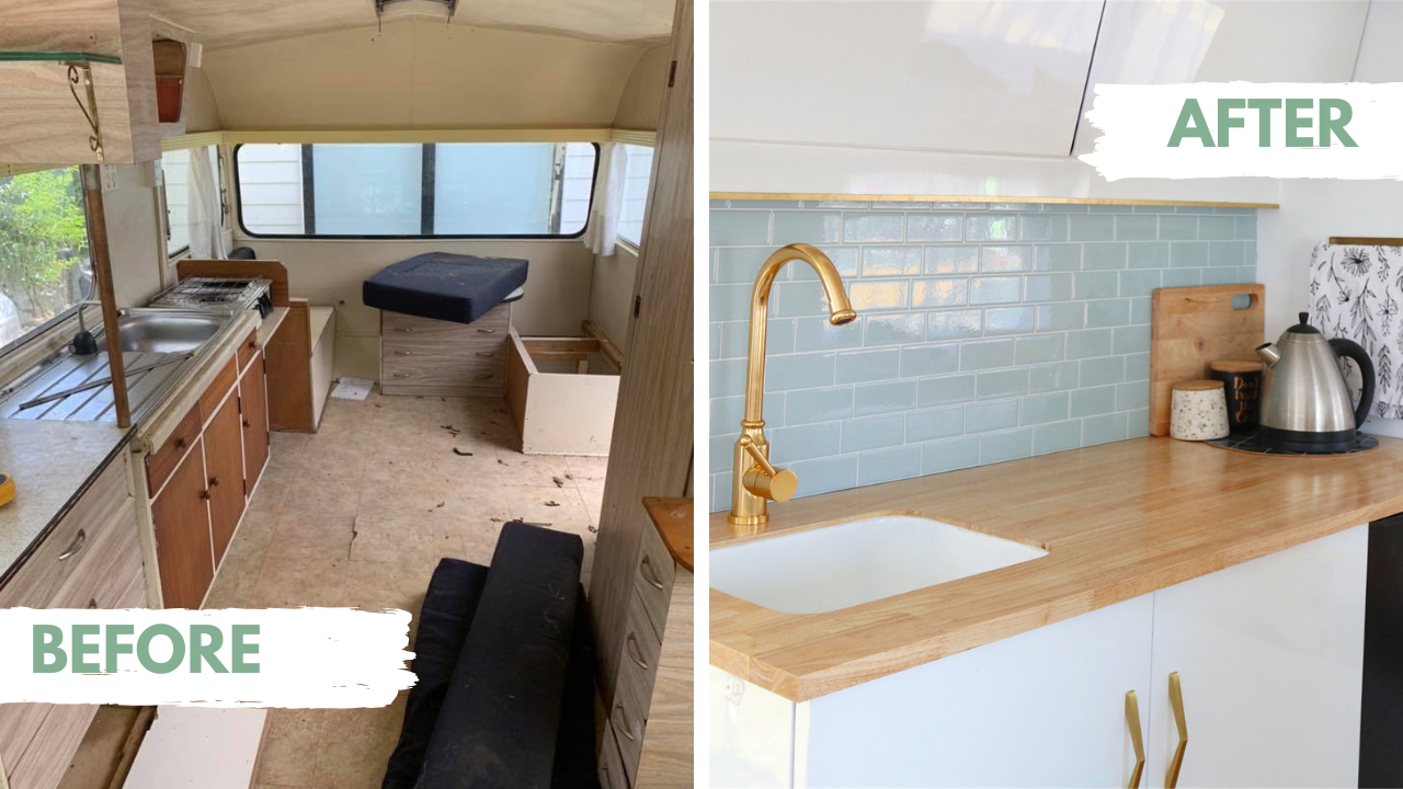 Before and after comparison of a kitchen renovation with wooden countertops and self-adhesive tiled backsplash.