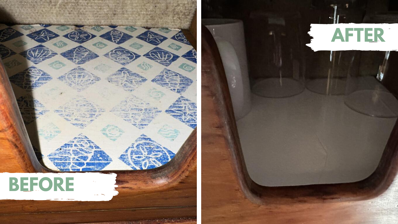 before and after of a motorhome shelf covered with white adhesive vinyl