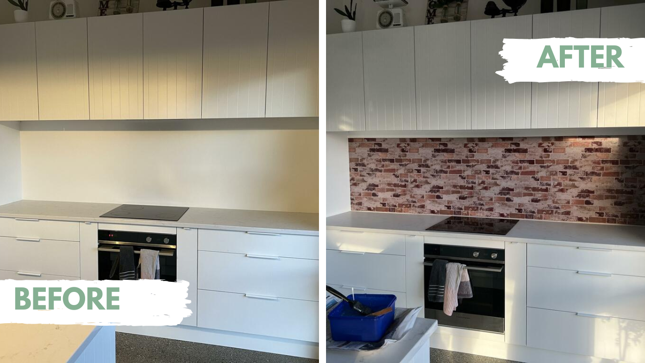 Before and after comparison of a kitchen renovation with a vinyl wallpaper brick backsplash.