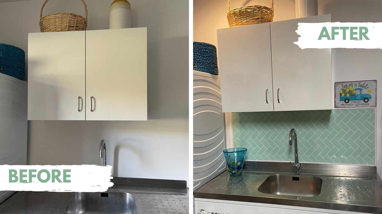 Before and after comparison of a laundry setup with new self-adhesive mint herringbone backsplash.