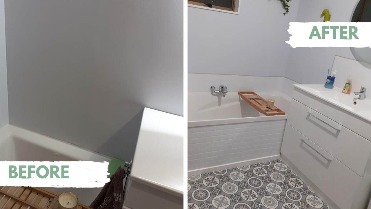 Bathroom transformation from 'Before' to 'After' with a bathtub and sink.