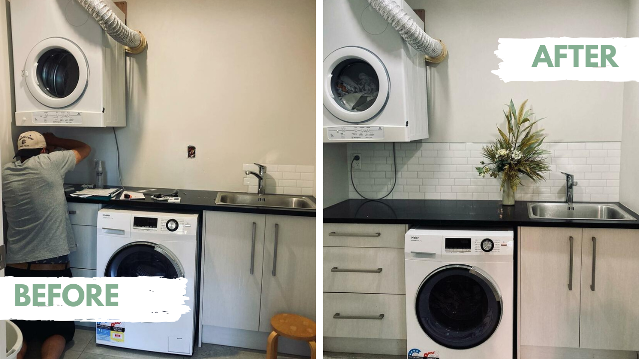 Before and after comparison of a laundry room setup with washing machines and tiles white splashback