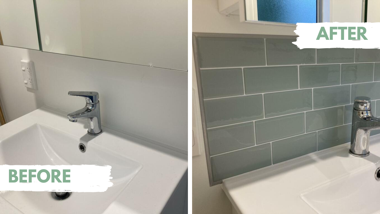 Before and after comparison of a bathroom setup with tiled wall and sink.