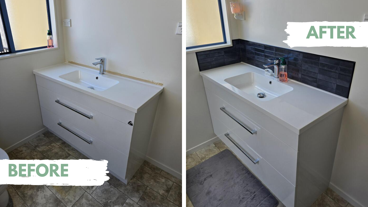 Bathroom vanity before and after renovation with a black self-adhesive tiled backsplash.