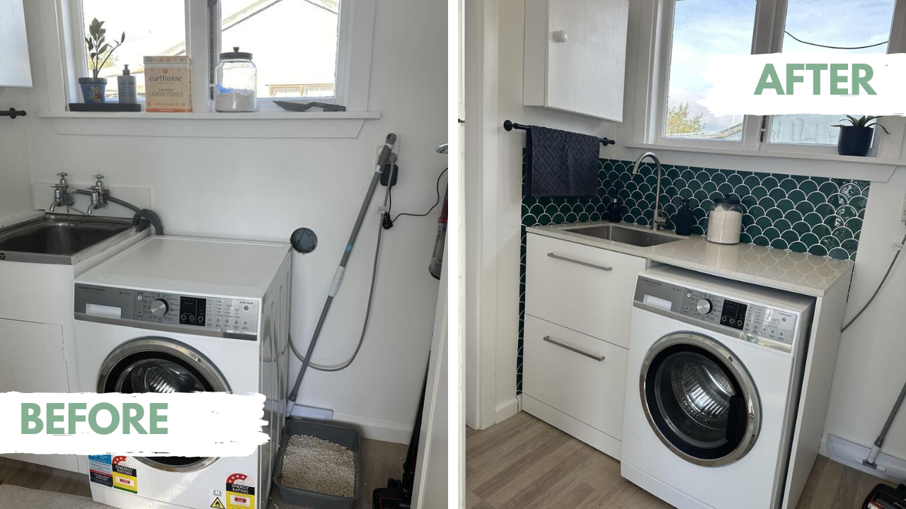 Before and after comparison of a laundry room with updated fixtures and green scalloped self-adhesive tiles.