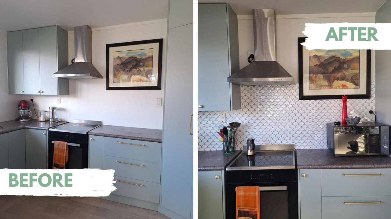 Before and after comparison of a kitchen renovation with modern appliances and scalloped white splashback.