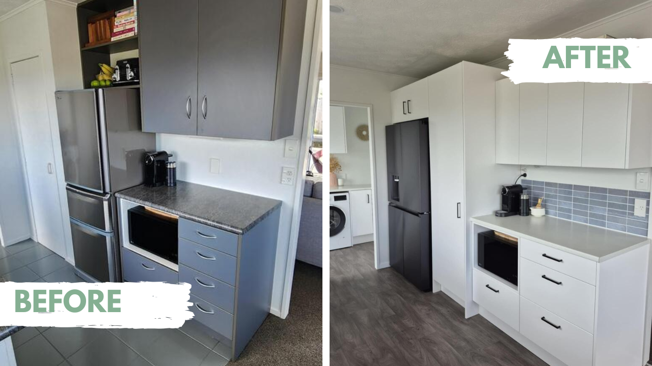Before and after comparison of a kitchen renovation with new blue self-adhesive wall tiles