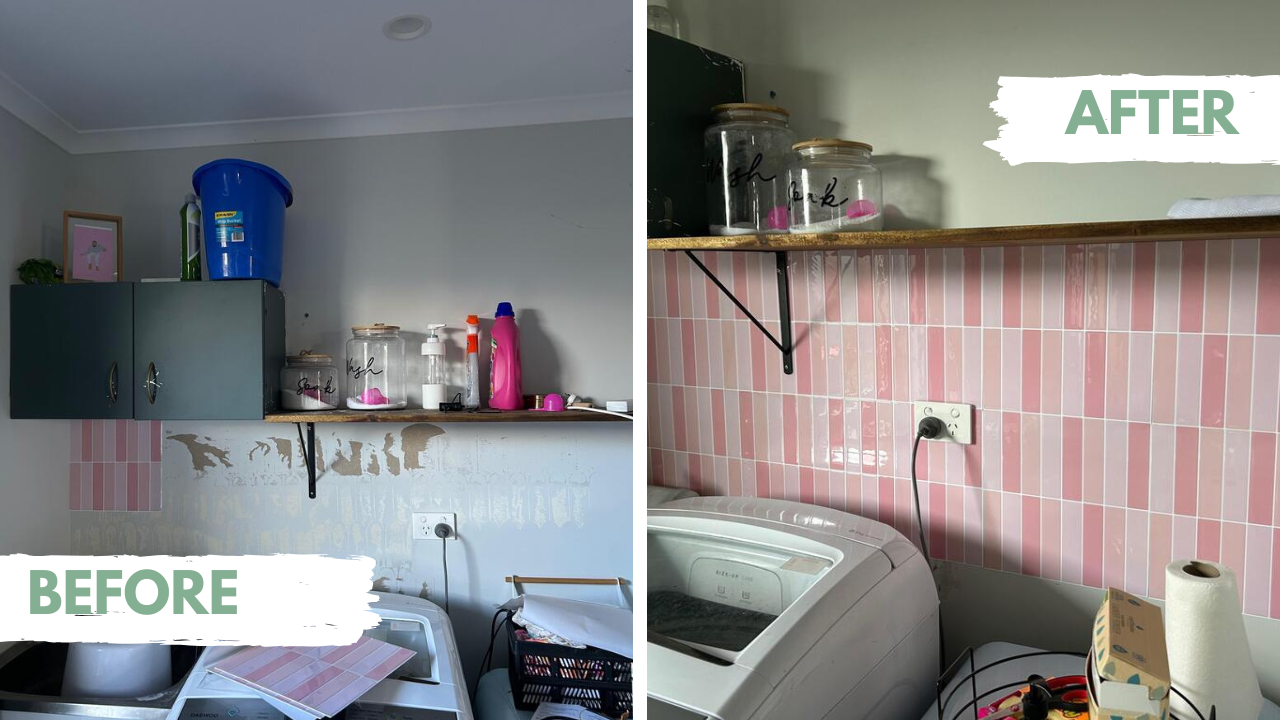 Before and after comparison of a kitchen with pink tiled wall.