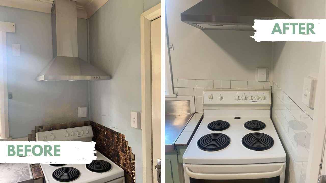 Before and after comparison of a kitchen with stove white composite wall tiles.