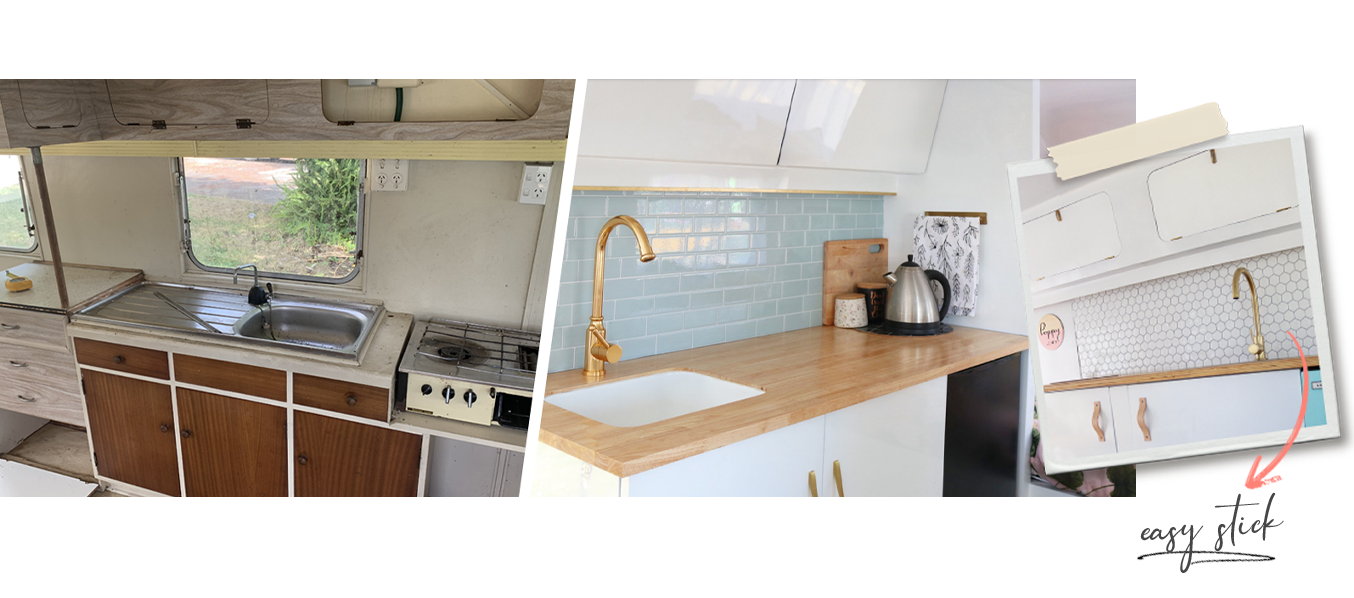 tired caravan kitchen to the right, after photo in the middle with seafoam subway tiles and white kitchen cupboard and an insert photo to the right with white hexagon tiles