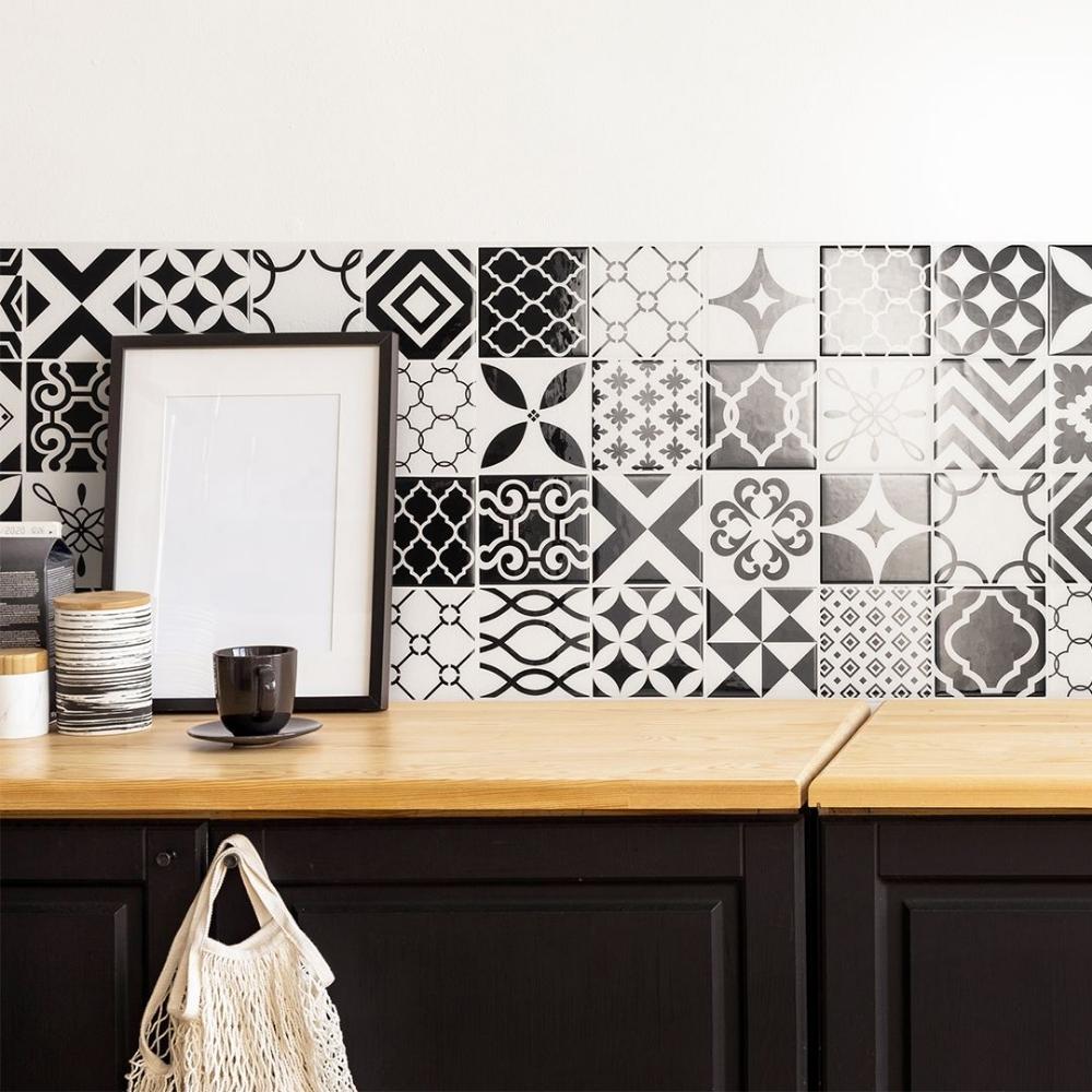 Black and white vintage self-adhesive 3D tiles in kitchen