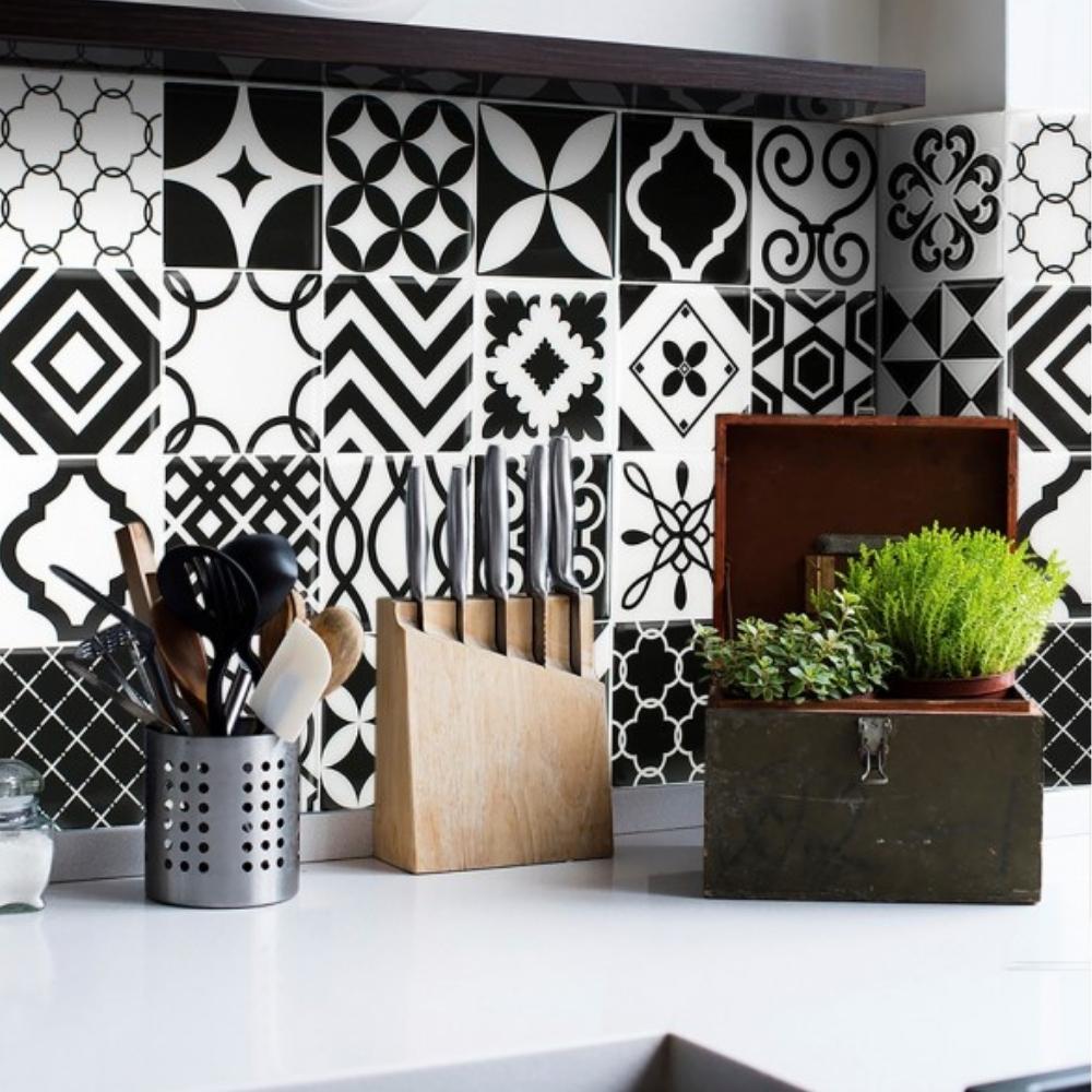 Black and white vintage self-adhesive 3D tiles as a kitchen splash back